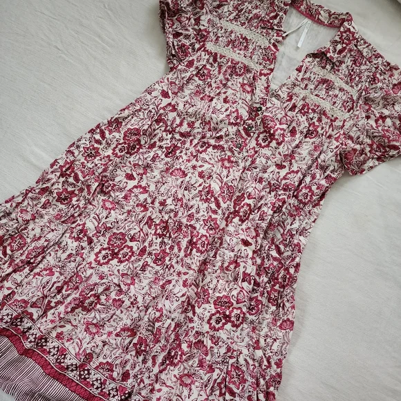 Anthropologie Georgina floral maroon cream dress flowy midi womens small - Picture 4 of 14